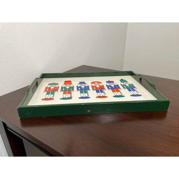Vintage Nutcracker Themed Serving Tray With Green Wooden Frame & Handles - Picture 4 of 7